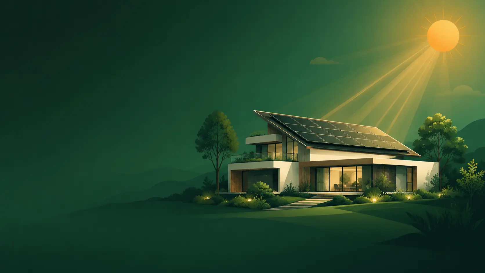 Illustration d'une maison individuelle équipée de panneaux solaires sur son toit, sous un soleil rayonnant, dans une ambiance verte et naturelle